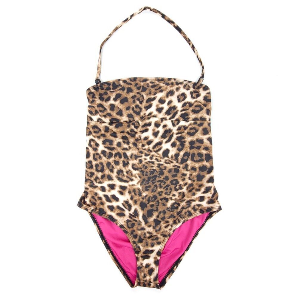 VINTAGE 90s Guess Strappy Halter Neck One Piece Swimsuit Cheetah Print Y2k Brown
